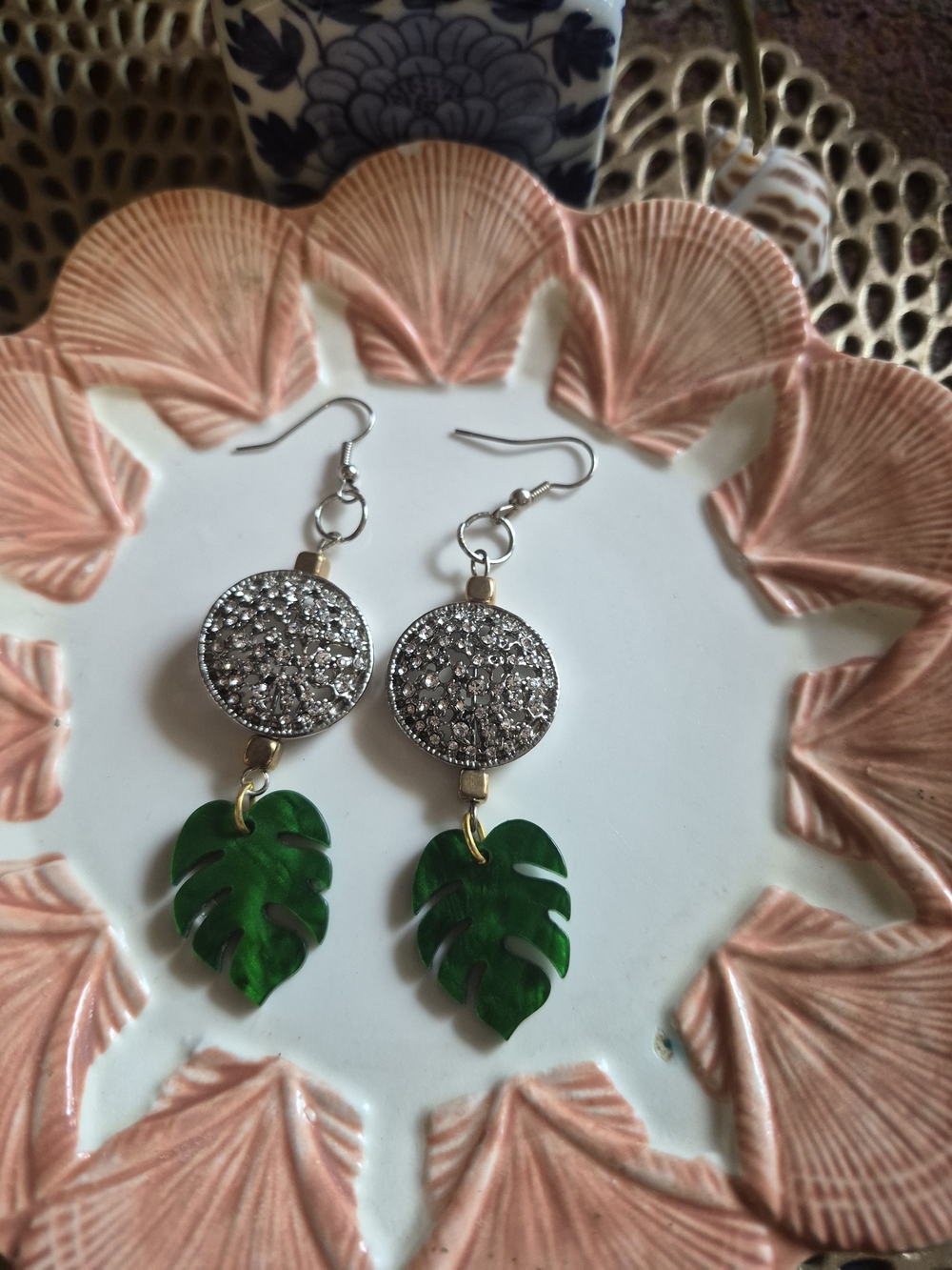Silver Crystal Disc Earrings with Green Leaf Drops